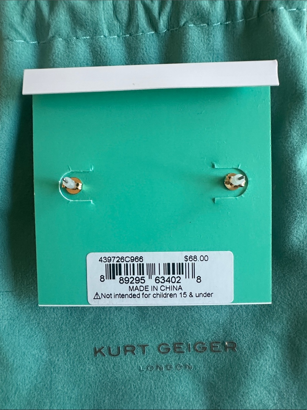 Kurt Geiger Gold Eagle Rainbow Crystal Stud Earrings with teal velvet pouch - Picture 4 of 4